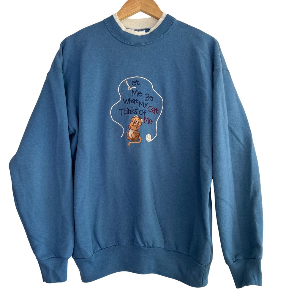 Vintage 90s Grandma‎ Sweater Blue Cat Embroidery